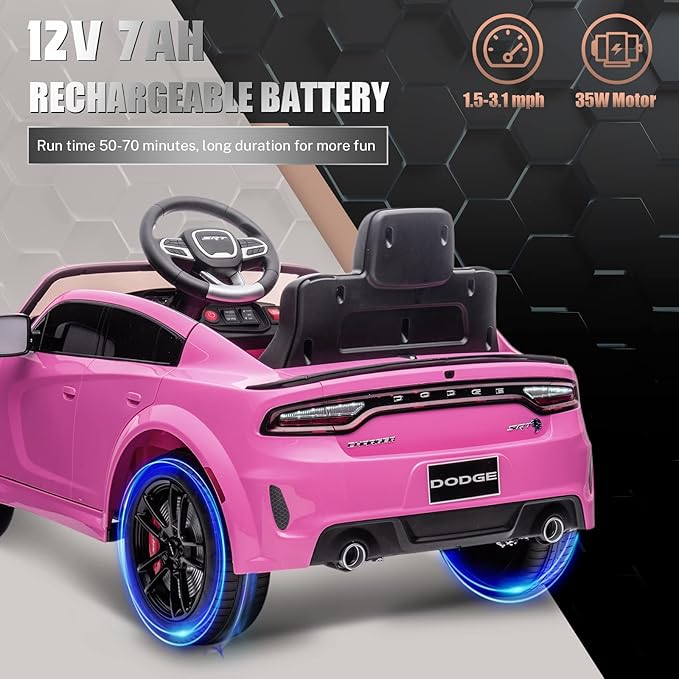 12V 7Ah Kids Electric Ride on Car, Licensed Dodge Charger SRT Hellcat, Battery Powered 4-Wheels Toy Car Electric Vehicle for Kids with Remote Control, 3 Speeds, LED Lights, Music (Pink)