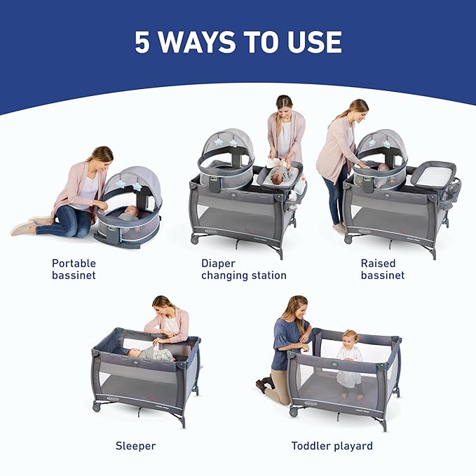 Graco Pack n Play Travel Dome DLX Playard, Astin with Portable Bassinet and Integrated Storage Organizer