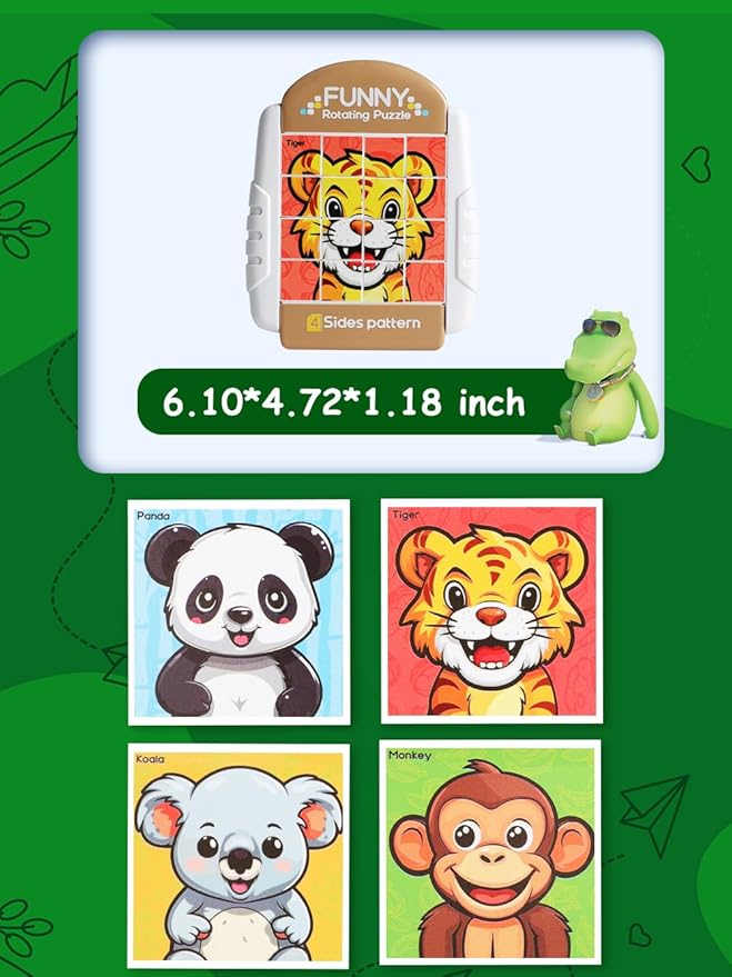 16-Piece Rotating Puzzles for Kids 4-6, Toddlers Puzzles 2-4, Road Trip, Airplane Activities Game, Travel Toys - Brain Teaser, Fine Motor Skills - Birthday Gifts Boys & Girls - Animals