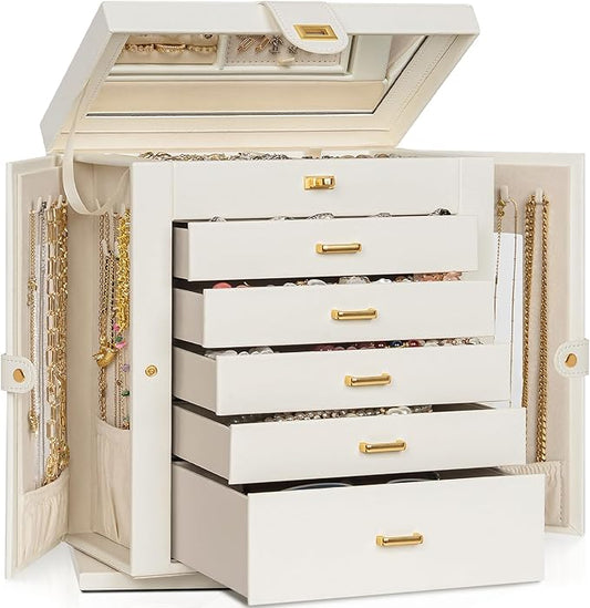 AKOZLIN Jewelry Box 6-Tier Organizer Functional 360° Rotating Jewelry Storage Case for Women Girls Ring Necklace Earring Bracelet Holder with Mirror