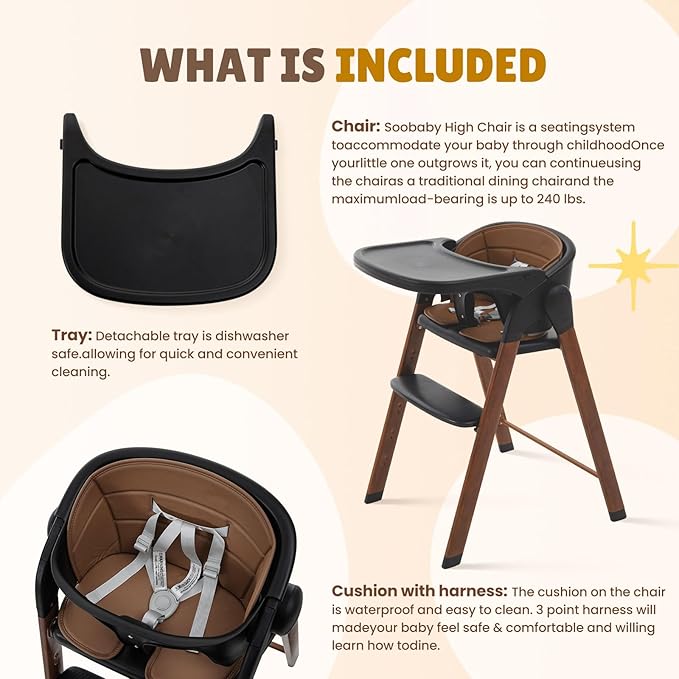Adjustable High Chair with Removable Tray, Easy to Clean, Portable. 6 Months up to 240 Lb (Black Brown)