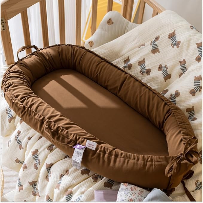 Infant Lounger, Baby Nest Cover for Baby Girls & Boys, Newborn Essentials for Baby 0-18+ Months, 100% Cotton Breathable (Brown, Cotton)