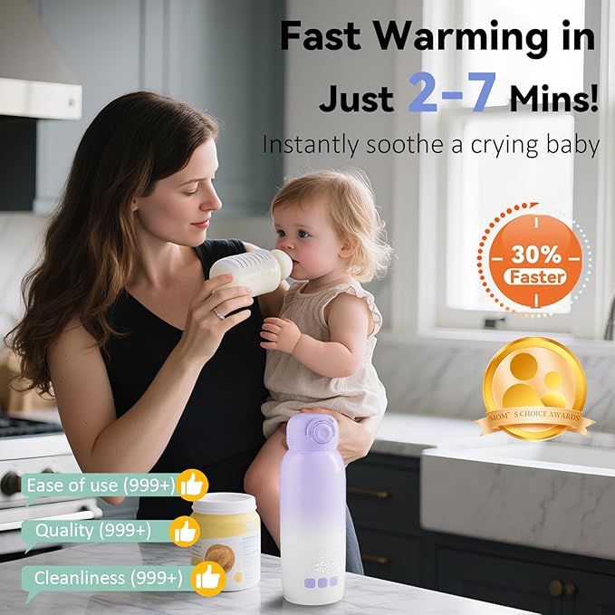 Portable Bottle Warmer for Travel: Large 12oz Capacity with Dual Heating Modes for Breast Milk & Water, Smart Temperature Control, Baby Bottle Warmer for Travel, Gifts for New Mom, Purple