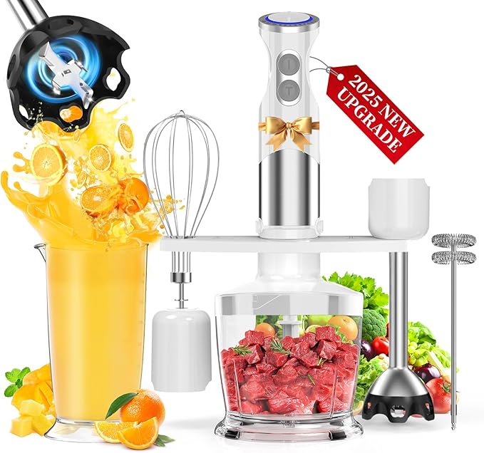 Immersion Blender Handheld Hand Blender - 1100W Non Scratch Stick Blender for Kitchen 12 Speed and Turbo Mode Chopper, Beaker, Whisk and Milk Frother for Milkshake Puree Smoothie Food