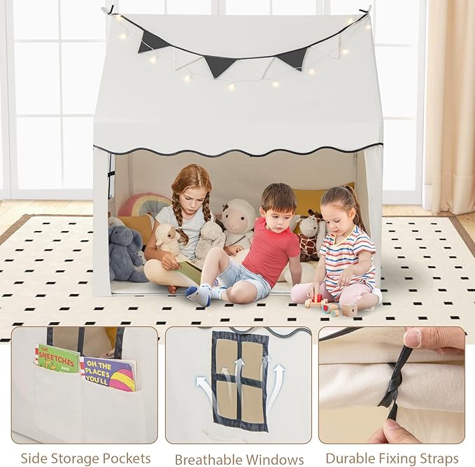 INFANS Kids Play Tent with Washable Mat Star Light Windows, Anti-Trip Large Playhouse Toys for Children Boys Girls, Indoor Outdoor Princess Tents Castle for Toddlers (Black- Wide Door)