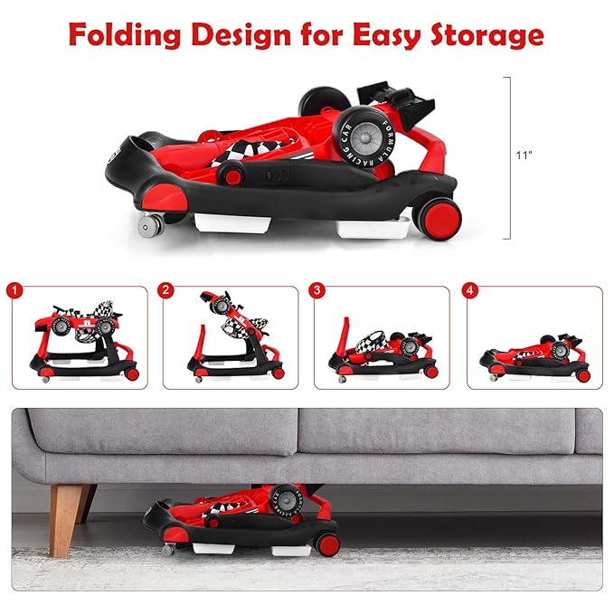 HONEY JOY 4-in-1 Baby Walker, Activity Push Walker w/3 Adjustable Heights, Smooth Wheels w/Adjustable Speed, Padded Seat, Music & Light, Foldable Car Walker for Baby Boys Girls Age 6 Months+ (Red)