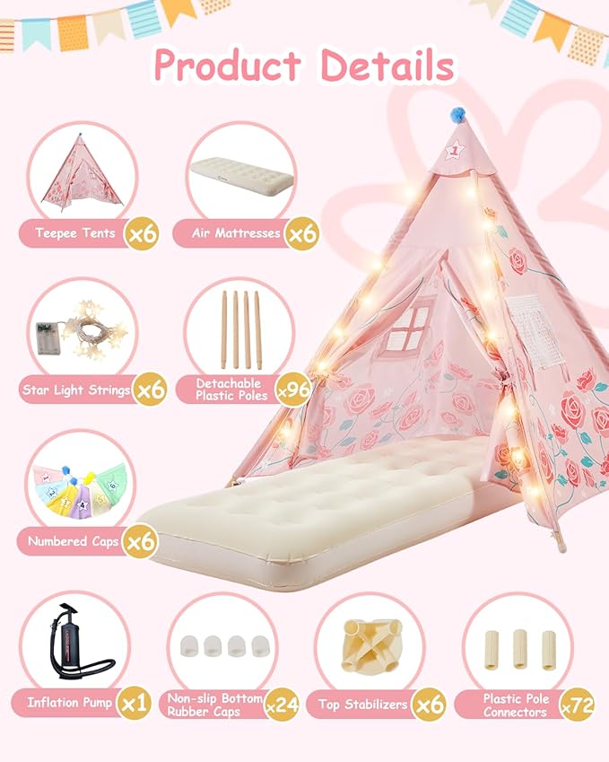 6 Pack Teepee Tent for Kids with Inflatable Airbed, Light, Toddler Tent Children Room Tents, Slumber Party Sleepover Tents, Indoor Outdoor Kids Playtent Playhouse for Girls & Boys