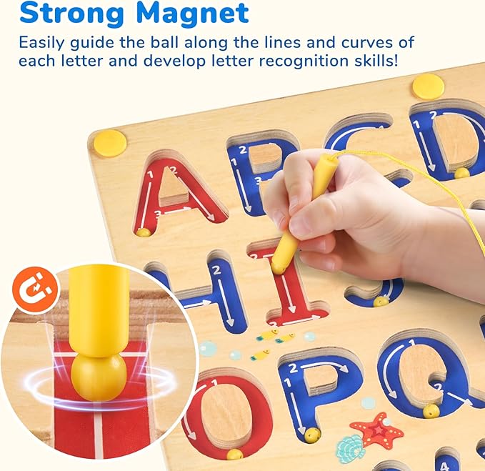 JoyCat Magnetic Letter Tracing Board, Wooden Alphabet Tracing Board for Toddlers ABC Magnets Letter Writing Practice, Magnetic Maze Preschool Learning Educational Toys for Kids 3-5
