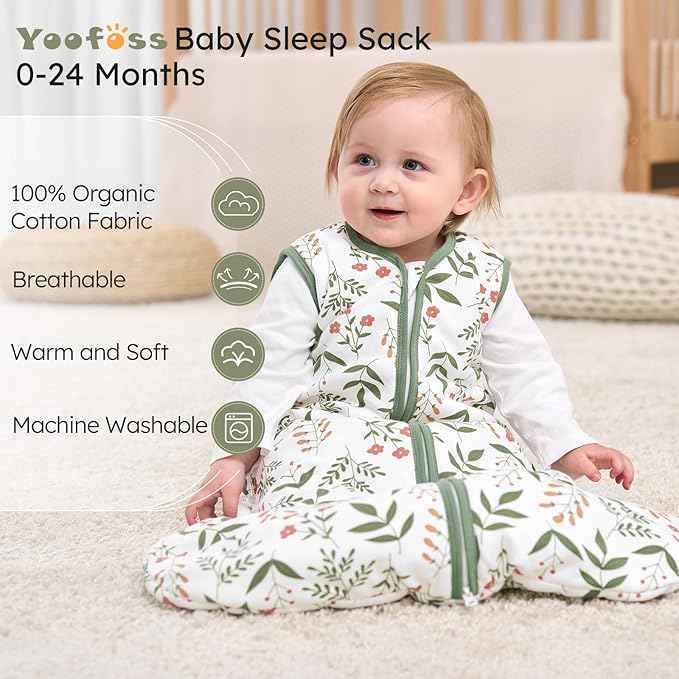 Yoofoss Baby Sleep Sack 6-12 Months, 1.5 Tog Baby Wearable Blanket with 2-Way Zipper, 100% Cotton Organic Fabric Winter Infant Sleeping Sack, Warm Soft Comfy