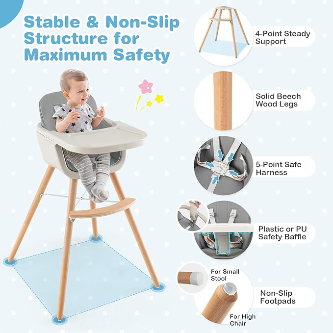 HONEY JOY High Chair, 3-in-1 Eat & Grow Wooden Highchair/Toddler Chair with Removable Tray, 5-Point Harness, PU Cushion and Footrest for Baby, High Chair for Babies and Toddlers(Gray)