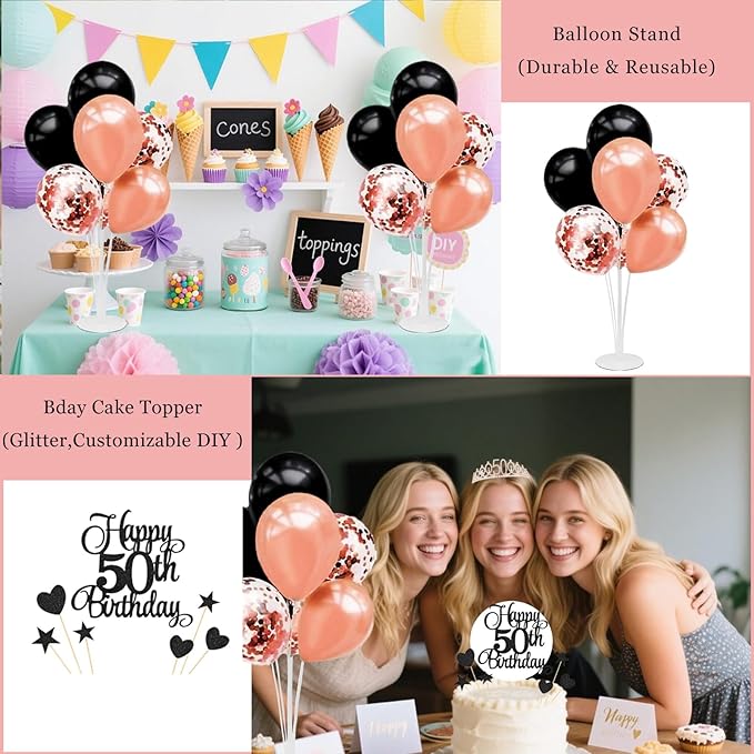 50th Birthday Decorations for Women - 56pcs Rose Gold Happy 50th Banner, 50th Birthday Crown Sash, Cake Topper, Number 50 balloons, 3D Butterflies, 4 Balloon Stands kits