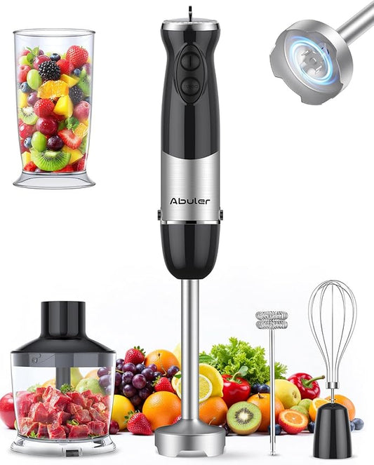 Immersion Blender Handheld 1000W 5 in 1 Corded Stick Hand Blender Kitchen with 12 Speed, BPA-Free, Mixing Beaker, Chopper, Whisk, Milk Frother, Perfect Emulsifier for Soup, Baby Food, Sauce, Puree