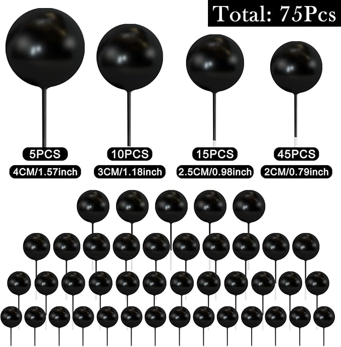 75 Pieces Black Cake Balls Topper Decorations Foam Cupcake Topper Mini Balloon Cake Topper Balls Cake Picks for Cake Deco Birthday Party Wedding