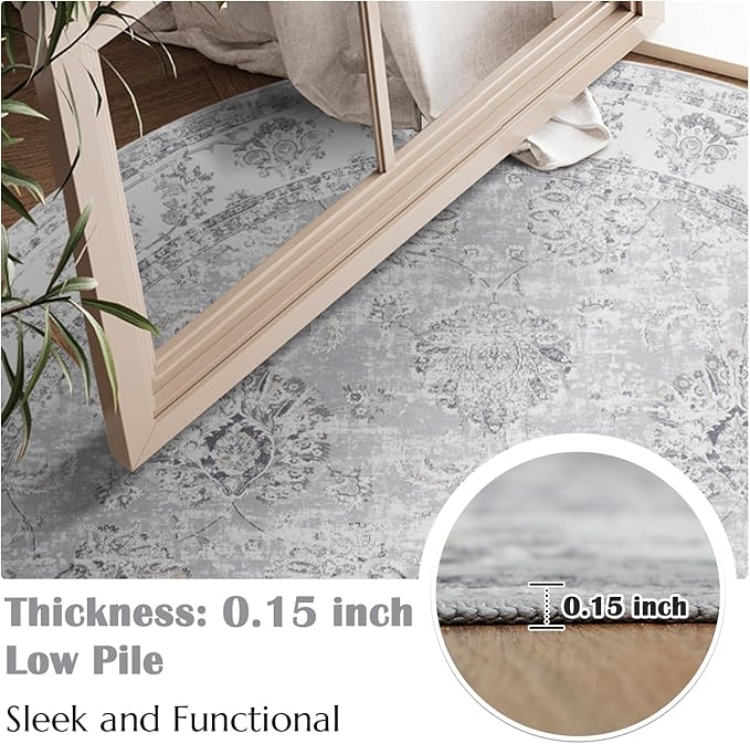 jinchan Round Rug 5ft Area Rugs Vintage Floral Distressed Design - Machine Washable Non-Slip Low-Pile Ultra-Thin Circle Rug for Entryway Bedside Living Room Dining Room Bedroom (5' Round,Grey)