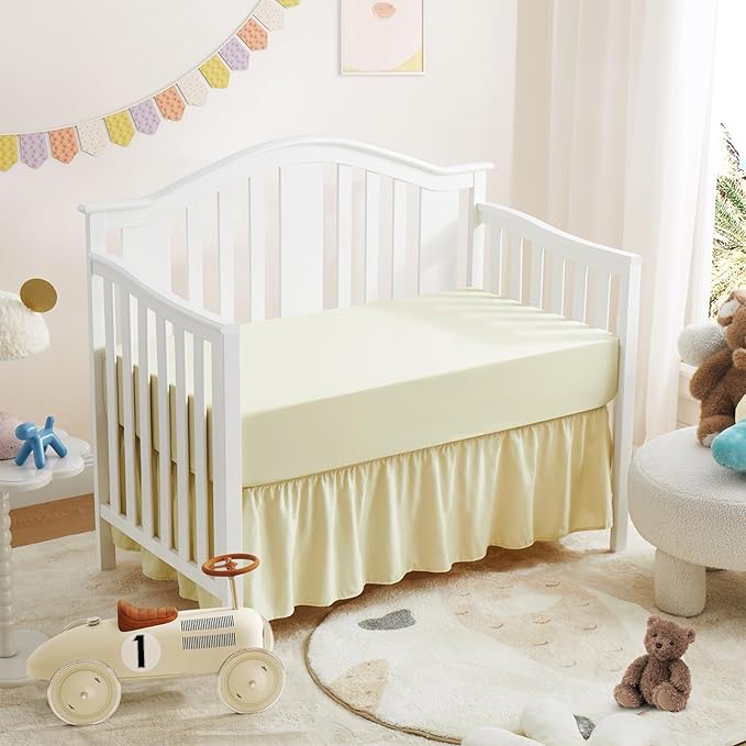 Horbaunal 2 Pack Crib Skirt & Crib Bed Sheet Set, Cream Crib Bed Skirt 28" x 52" with 14" Drop Dust Ruffle, Soft Microfiber Toddler Bedskirt Nursery Bedding Skirt for Baby Girls and Boys