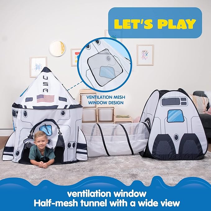 JOYIN White Rocket Ship Pop up Play Tent with Tunnel and Playhouse Kids Indoor Outdoor Spaceship Tent Set