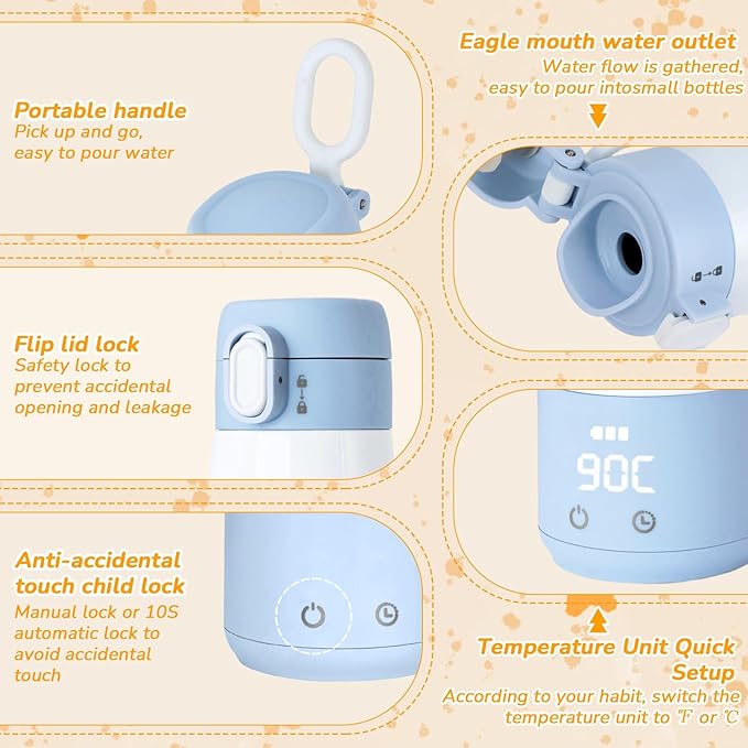 BEBOAN Portable Bottle Warmer for Travel On The Go, Portable Milk Warmer 5-Temp Setting with Lock 12oz Large Capacity, Cordless for Heating Breast Milk Charging with 55w Charger to Get Fast Charging