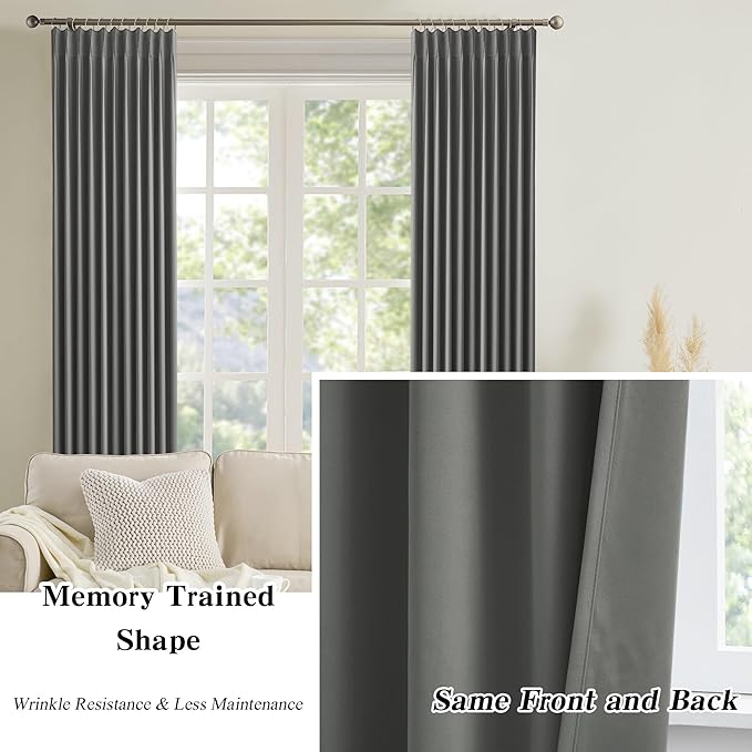KEQIAOSUOCAI 100 Inch Pinch Pleat Curtains & Drapes 2 Panels Set, Privacy Darkening Sound Dampening Window Treatment for Bedroom Vertical Draft Blackout Blinds for Living Room 40 by 100 Grey