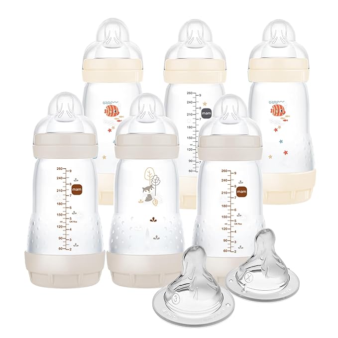 MAM 9oz Easy Start Anti-Colic Baby Bottles, Medium Flow with 2X Bonus Nipples (Fast and Extra Fast Flow), Reduces Colic, Gas, & Reflux, Easy-to-Clean, BPA-Free, 2 Plus Months