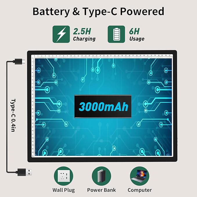 HIUKCOLED A3 Built-in Tilt Stand Light Tracing Box with Carry Bag, 3 Colors/Stepless Dimmable/6-level Brightness Adjustable, Battery Powered LED Light Board for Drawing,Diamond Painting,Sketching