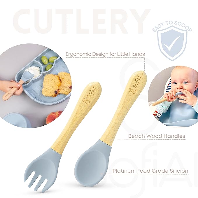 All In One Silicone Feeding Set - Safe for 6-12 Months - Non-Toxic Baby Led Weaning Supplies - Toddler Self Feeding Utensils - BPA-Free - Mess Free Essentials