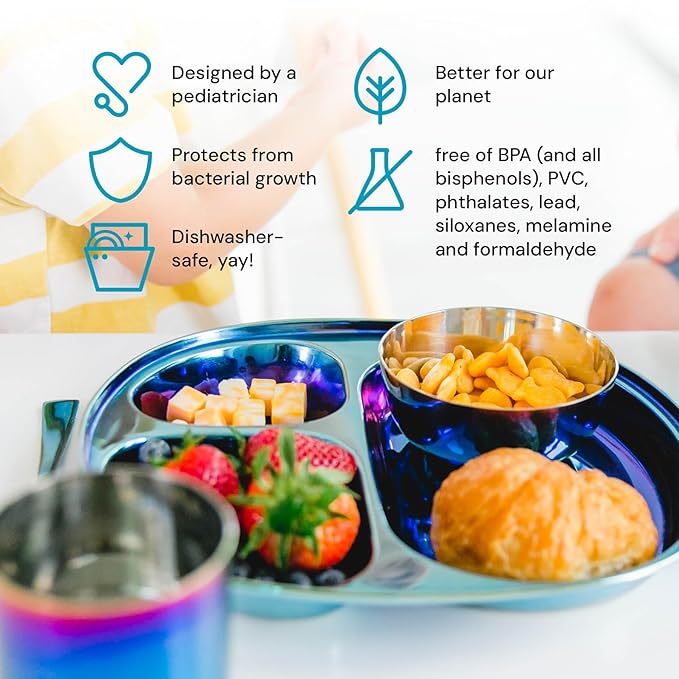 Ahimsa Stainless Steel Kids Dinnerware Set - 5 Piece Stainless Steel Toddler Plates and Bowls Set, Pediatrician Designed, Plastic Free Toddler Plate and Bowl, Kids Utensils and Cup (Blue)