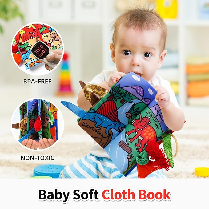 Jollybaby Baby Books 0-6 Months, Touch and Feel Crinkle Soft Cloth Books for Infants Babies, Toddler Early Educational Interactive Stroller Sensory Toys, Baby Girl & Boy Gift(Dinosaur Tails)