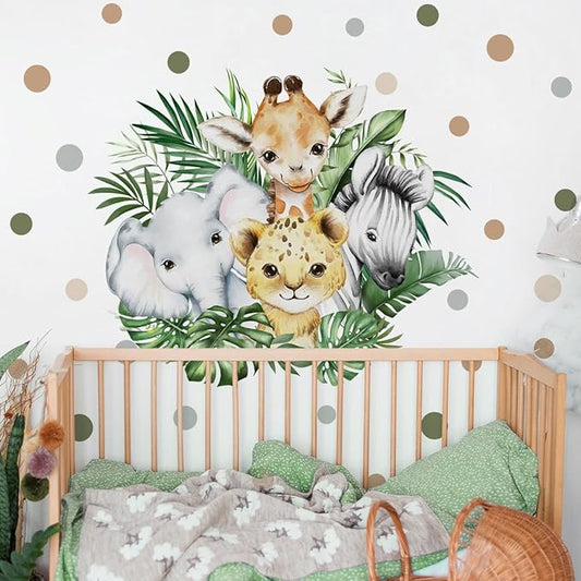 37.95x33.13 Inch Watercolor Jungle Animal Wall Decal Forest Animal Tiger Elephant Giraffe Zebra Wall Sticker Removable Safari Animal Wall Decal for Baby Nursery Playroom Bedroom Classroom Wall Decor
