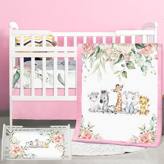 3 Pcs Baby Crib Bedding Set Safari Animals Dinosaurs Bear Woodland Animals Jungle Crib Set Includes Quilt, Fitted Sheet, Skirt for Baby Boy Girl(Pink,Safari)