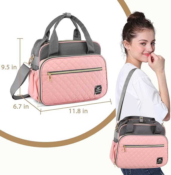 Crossbody Small Diaper Bag, Cute Mini Baby Diaper Tote Bags with Insulated Pockets for Traveling Outdoor Parent, Pink & Gray