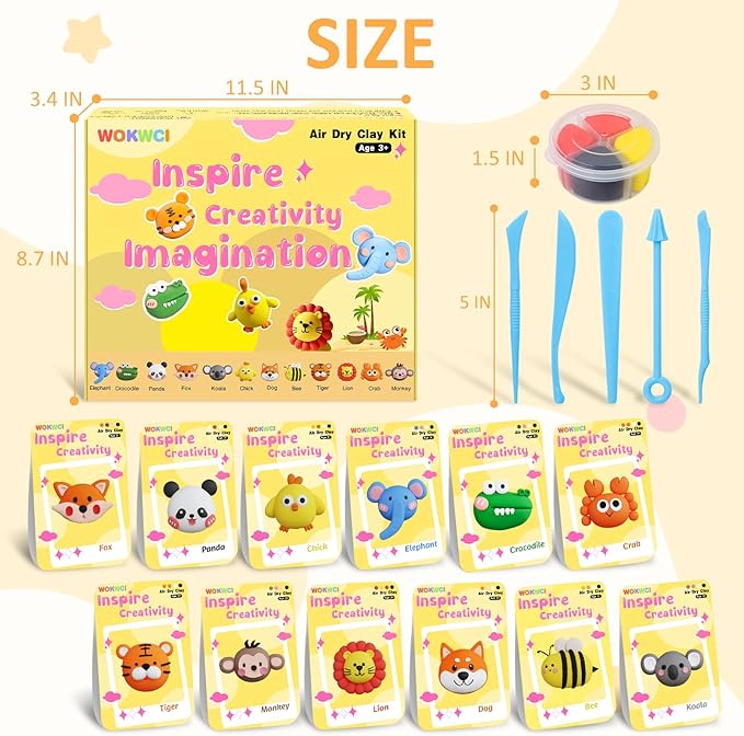 Air Dry Clay Kit for Kids, Modeling Magic Clay for Kids, Ultra Light & Soft, 12 Boxes DIY Animals Model with Step by Step Tutorial and 5 Sculpting Tools, Creative Art Crafts Toys Gifts for Girls Boys