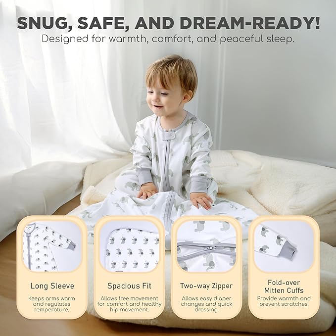 Mama Cheetah Baby Sleep Sack with Sleeves, 0.5 TOG Organic Cotton Wearable Blanket and Two-Way Zipper, Swaddle Transition Long Sleeve Sleeping Bag for Newborn Infant Toddler, 6-12 Months