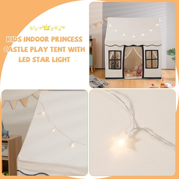 INFANS Kids Play Tent with Washable Mat Star Light Windows, Anti-Trip Large Playhouse Toys for Children Boys Girls, Indoor Outdoor Princess Tents Castle for Toddlers (Black)