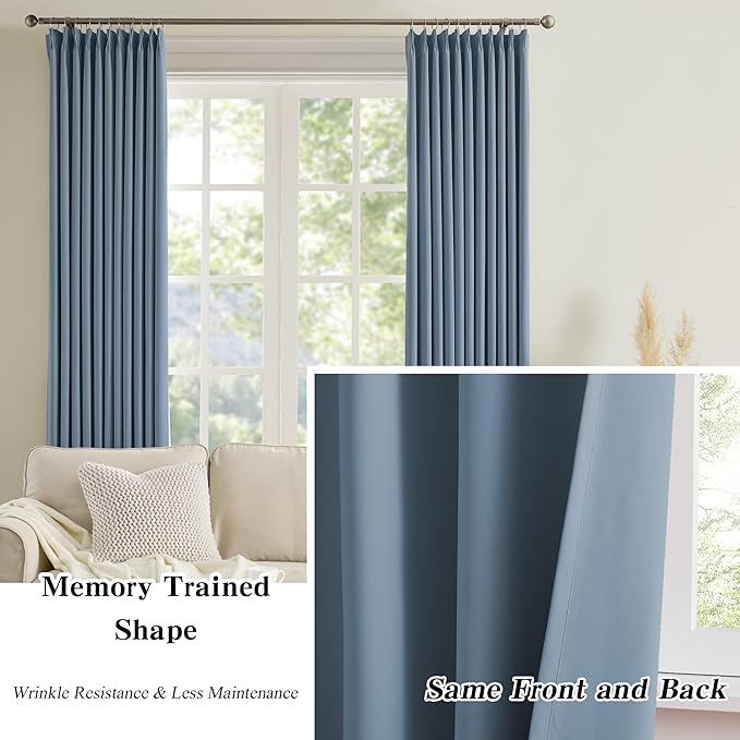 KEQIAOSUOCAI Extra Wide Dusty Blue Pinch Pleated Curtains 100 x 90, Thermal Insulated Noise Cancelling Living Room Drapes 90 inches Long, Patio Sliding Glass Door Window Curtain 2 Panels