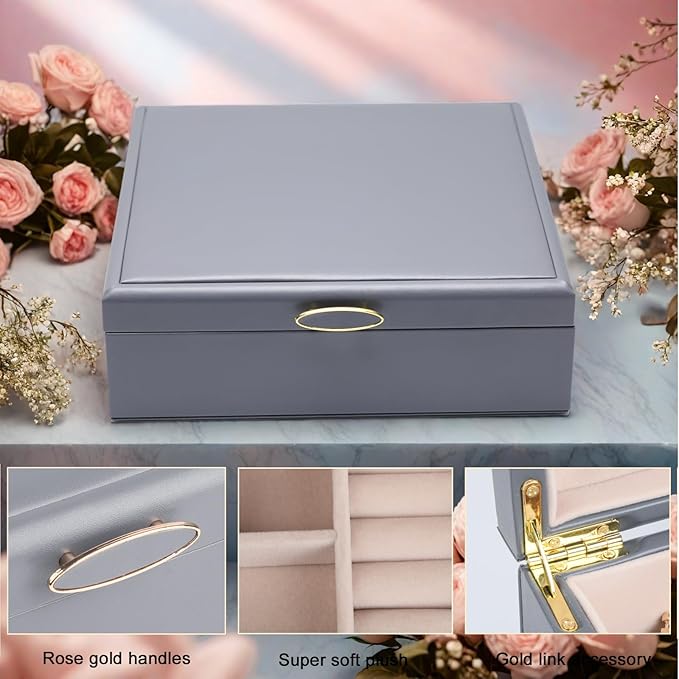 2-layer jewelry box，Jewelry Organizer with Handle，with hanging necklace hooks, detachable jewelry trays, suitable for storing a large amount of jewelry gift box (Large-Grey)