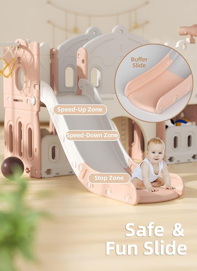 8 in 1 Toddler Slide, Kids Climber Slide with Storage Space and Non-Slip Steps, Indoor Outdoor Playset with Basketball Hoop and Telescope, Slide for Toddlers Age 1-3, Pink White