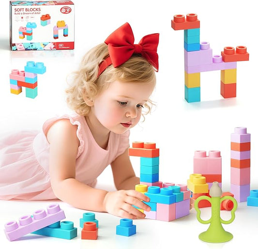 22 Pcs Soft Building Blocks for Toddlers 18M+, BPA - Free Sensory Teether Toys, Montessori STEM DIY Bricks, Early Learning Creative Stacking Set, Safe Baby Construction Toys