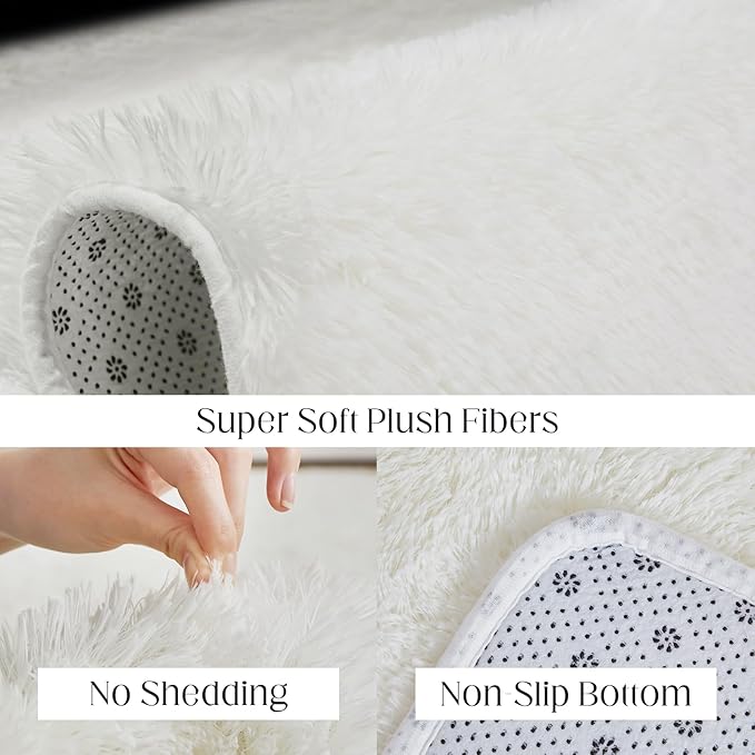 8x10 White Area Rug, Fluffy Plush Rugs for Bedroom, Non Slip Shag Indoor Carpet for Living Room, Nursery, Front Room, Room Decor