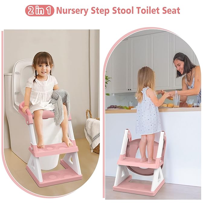 2 in 1 Potty Training Toilet Seat & Toddler Step Stool, Bottom Triangle Stability Toddler Toilet Seat, Adjustable Step & Seat Height Potty Seats for Toddlers Boys Girls (Pink)