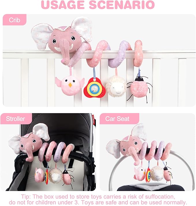Jollybaby Baby Car Seat Stroller Toys, Plush Activity Hanging Spiral Activity Pram Crib with Music Box, Rattles, Squeaker for Babies Infant Boys Girls(SZ Pink Elephant)