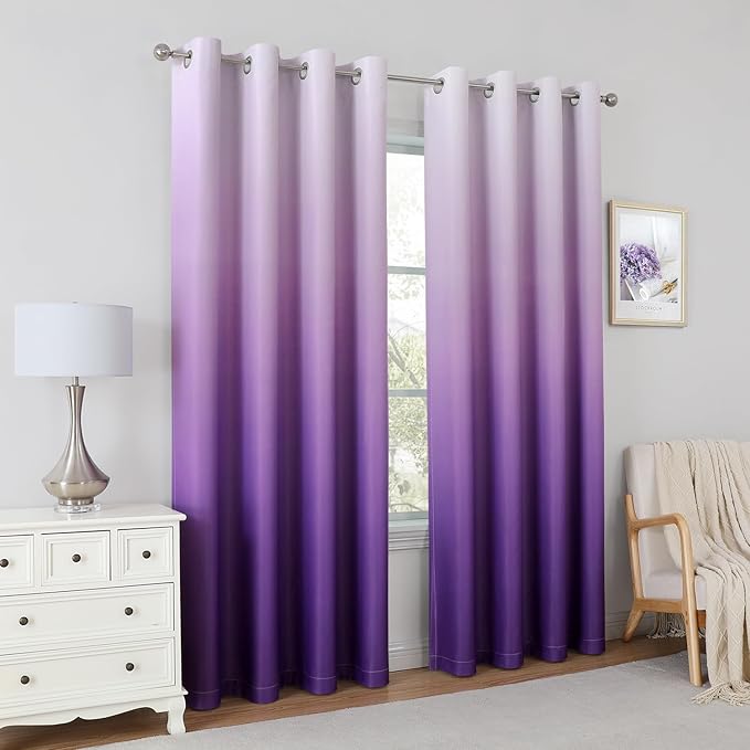 HOMEIDEAS Purple Ombre Blackout Curtains 52 X 84 Inch Length Gradient Room Darkening Thermal Insulated Energy Saving Grommet 2 Panels Window Drapes for Living Room, Bedroom