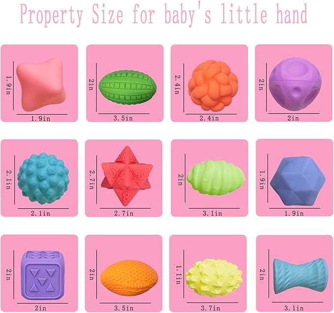 12P Sensory Balls for Toddlers 1-3,Balls for Baby Toys 6-12 Months,Bright Color Textured Multi Soft,Baby Massage Toy,Birthdays, Includes Storage Bag