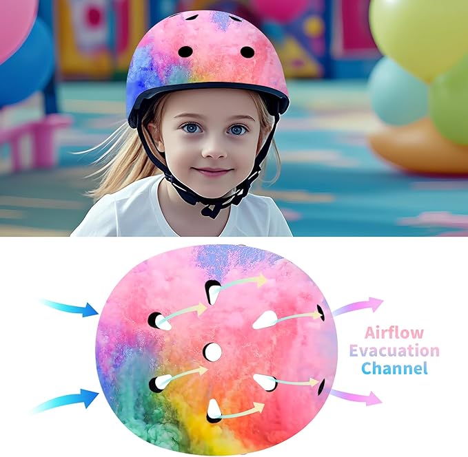 Adjustable Kids Bike Helmet with Knee & Elbow Pads Set, Color Gradient Design for Boys and Girls Aged 3-14+, for Skateboarding, Scooter, Roller & Inline Skating, Longboard
