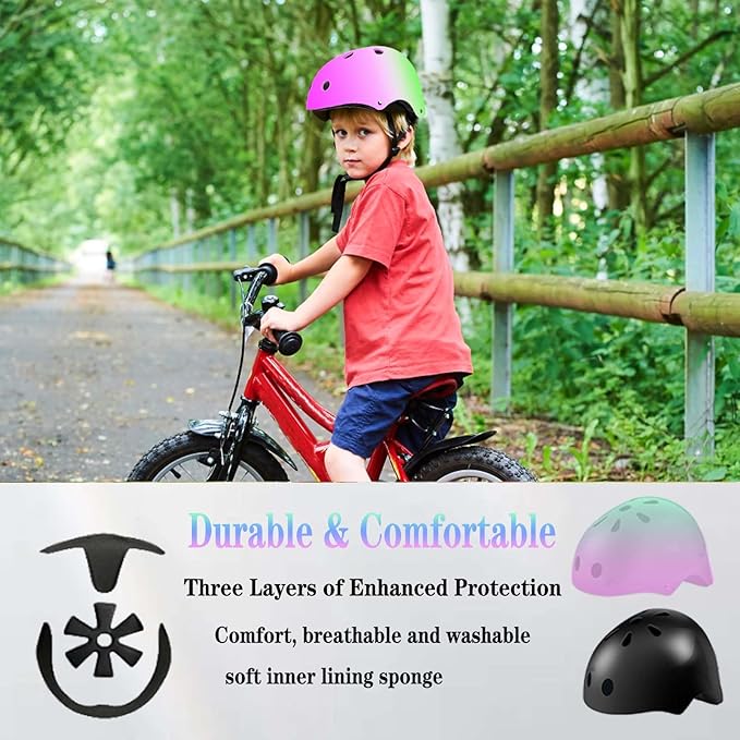 Kids Bike Helmet Set Adjustable for Children, Boys, Girls and Teenagers Aged 3-8 Years Includes Elbow, Knee, Wrist Guards Children's Helmet Protection Set for Bikes SkateboardsRollerskates