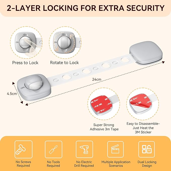 2 Pack Cabinet Locks/Refrigerator Locks Baby Proofing - Child Proof Locks for Drawer, Refrigerator, Fridge, Toilet Seat-No Screws or Tools Required (2 Pack-Grey Locks)