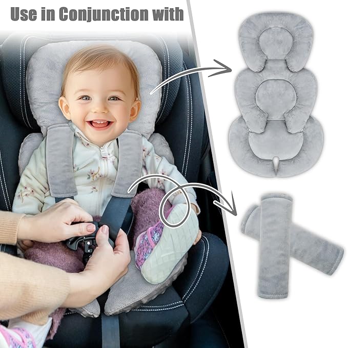 Infant Car Seat Insert Head and Body Support, GFU Reversible Newborn Insert for Carseat with Strap Pads, Soft Stroller Cushion Pillow Insert for Boys and Girls, Fits for Stroller, Swing, Grey