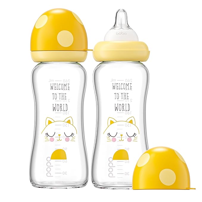 YOHKOH Natural Glass Baby Bottle with Natural Response Nipple, Newborn Anti-Colic Baby Bottles, Wide Neck Mushroom Cap Baby Bottle, Clear (8.8ounce (Pack of 2), Yellow1)