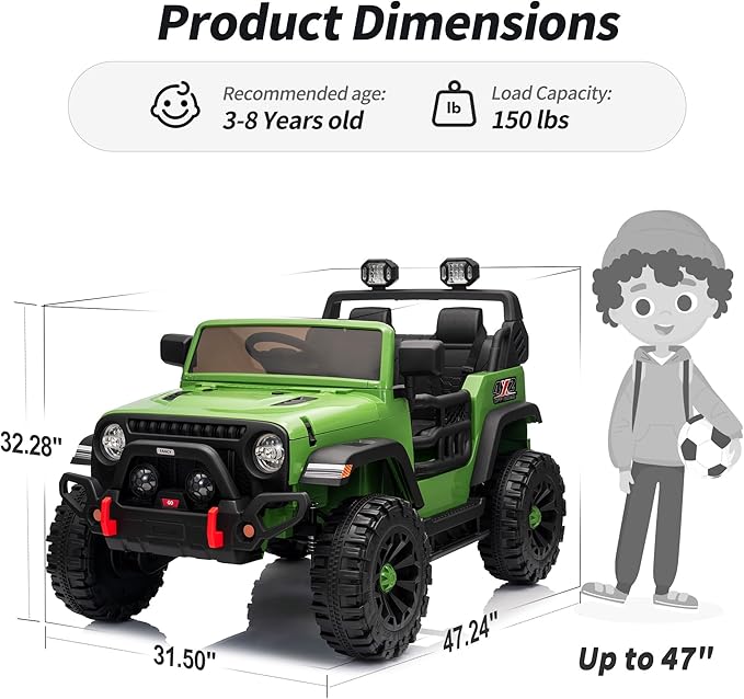 2 Seater Ride on Car Truck, 12V Kids Electric Ride on Toy for Big Kids Age 3-8 w/Remote Control- Army Green