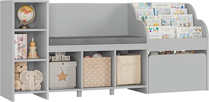 HOSTACK 67" Kids Reading Nook with Bench, Kids Bookshelf and Bookcase with Seat Cushion and 6 Storage Cubbies, Toy Storage Box on Wheels, Toy Chest for Playroom, Bedroom, School, Grey