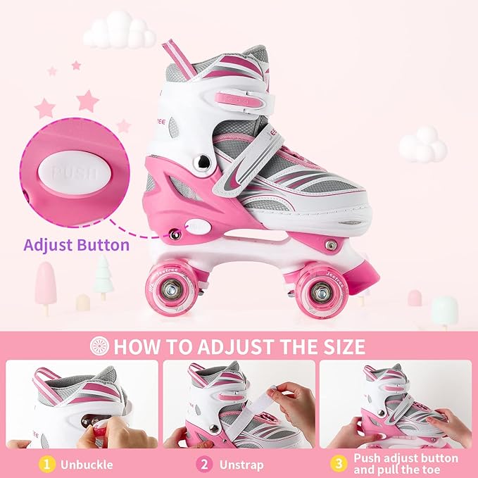 Adjustable 4 Size Kids Roller Skates With Light up Wheels for Girls Ages 5-8-12, Safe and Fun Illuminating Skates for Kids, Toddlers, Boys